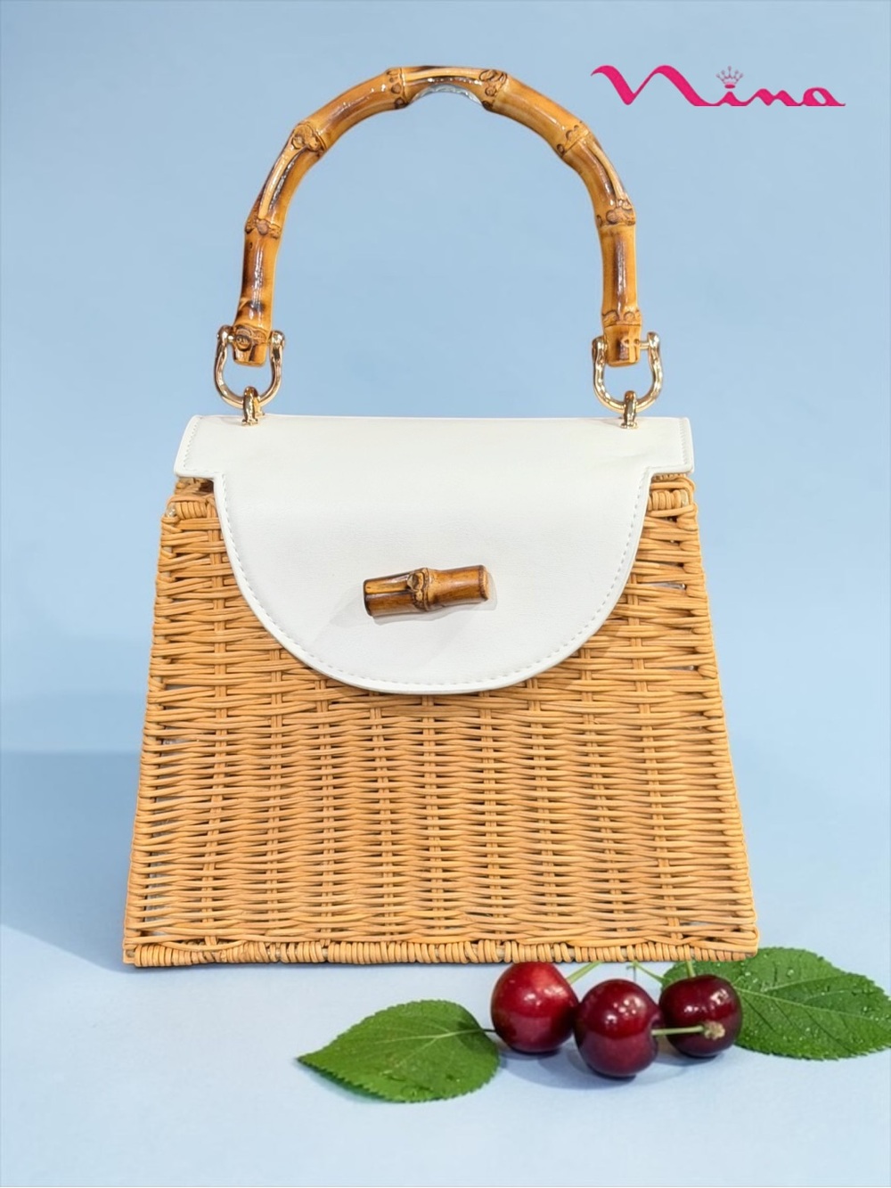 NWT Nina Capri Woven Straw Top Handle Bag Crossbody Natural White